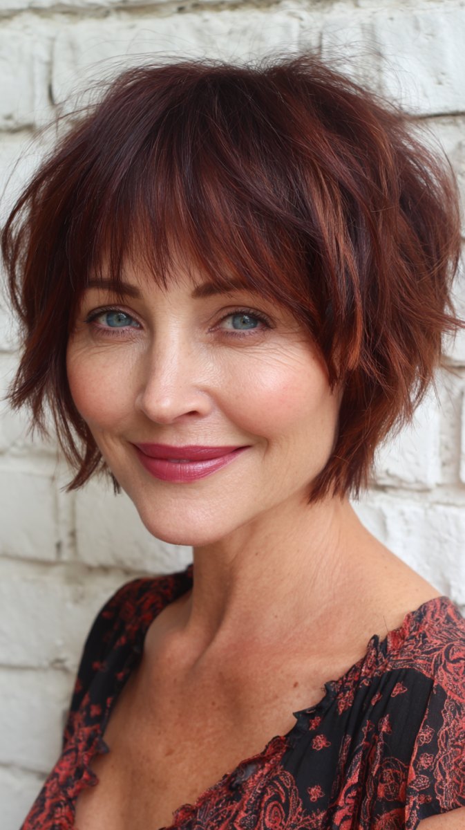 Layered auburn brunette pixie bob with bangs on a woman over 50