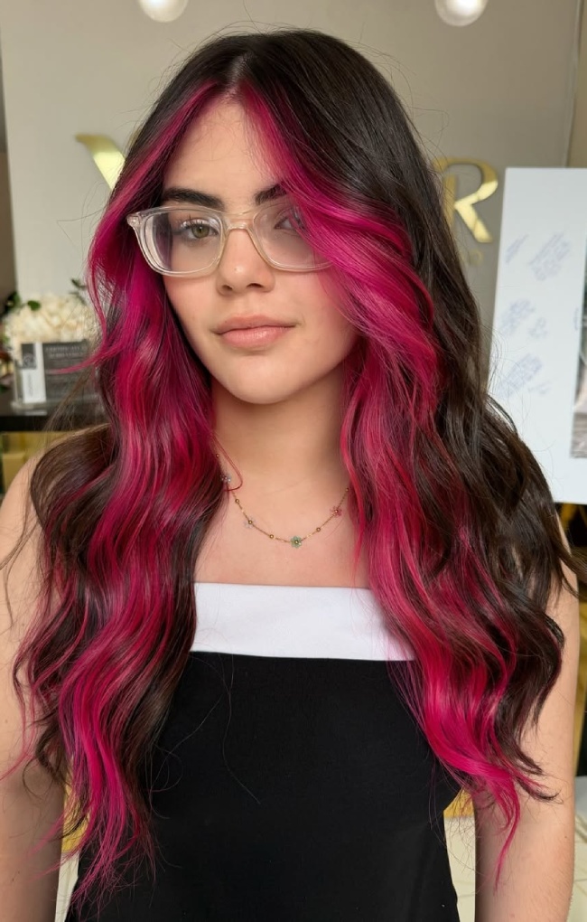 Dark cherry cola brunette hair with vibrant magenta-cherry face-framing money piece highlights