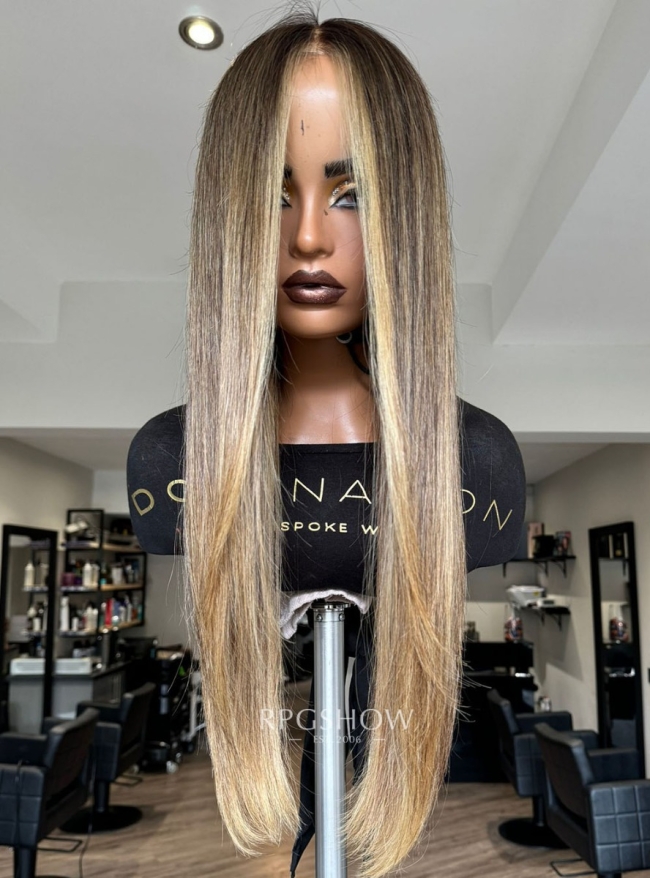 Long straight hair with honey blonde balayage and money piece