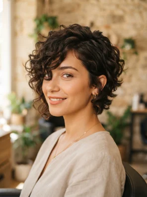 Smiling woman in a salon with a voluminous side-swept dark curly pixie cut
