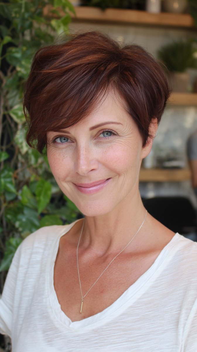 Short textured chestnut brown pixie cut with side-swept fringe on a woman over 50