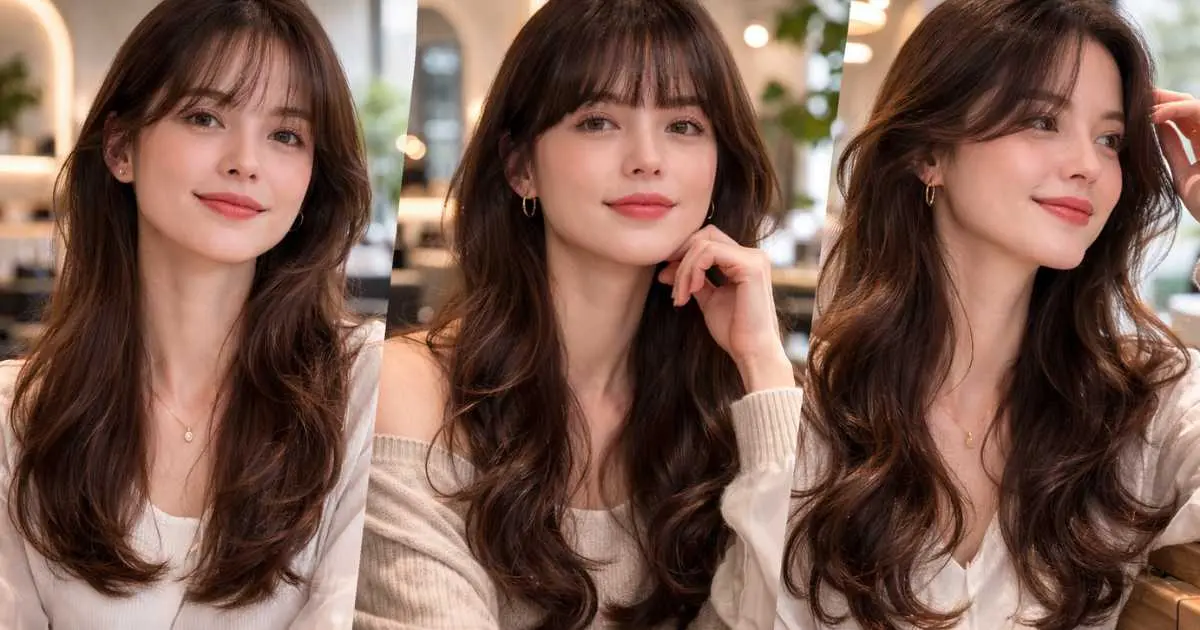 Three-angle view of a Korean bang fringe perm with flowing long waves