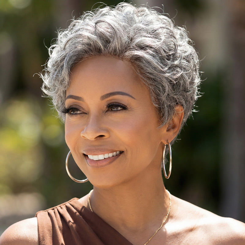Mature woman smiling with a voluminous silver and grey curly pixie cut