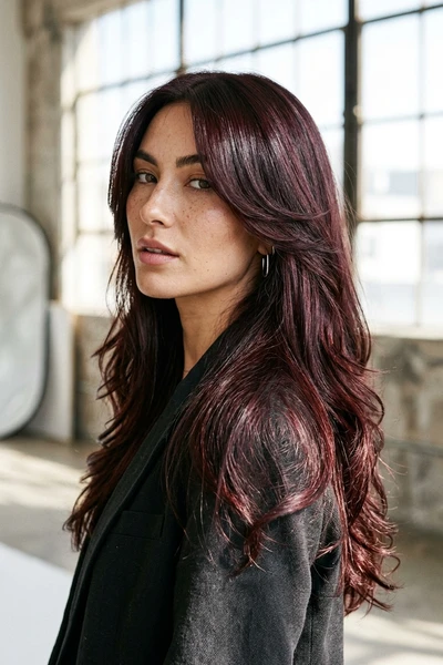Woman by a window with long layered dark hair and subtle burgundy cherry highlights