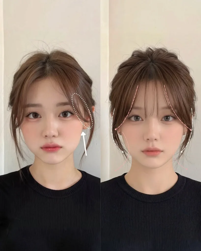 Side-by-side comparison showing Korean two-side wispy bangs framing the cheekbones