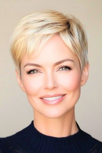 Textured golden blonde pixie cut on a woman over 50
