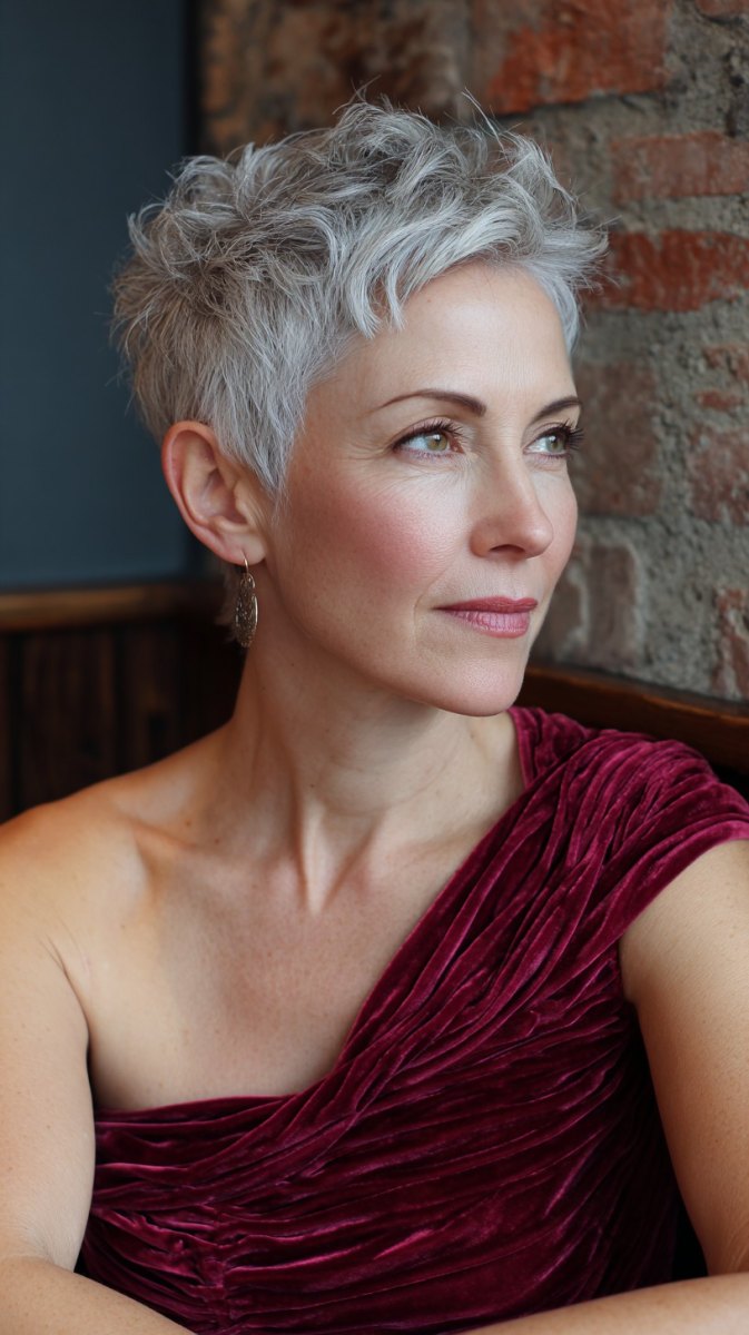 Choppy silver pixie cut with textured crown and tapered sides