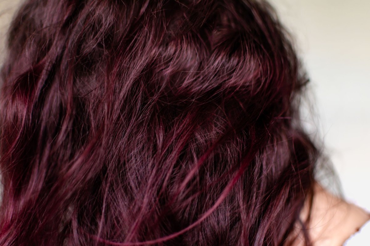 Close-up of tousled dark hair with crushed berry and burgundy reflects
