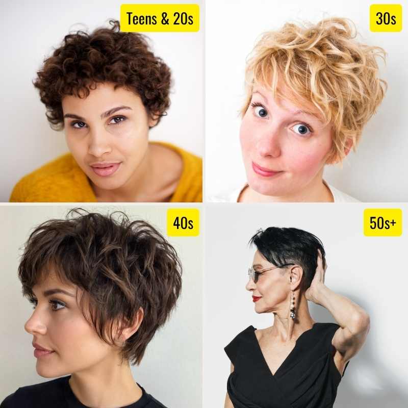 Collage showing four women of different ages from 20s to 50s rocking shaggy curly and wavy pixie cuts