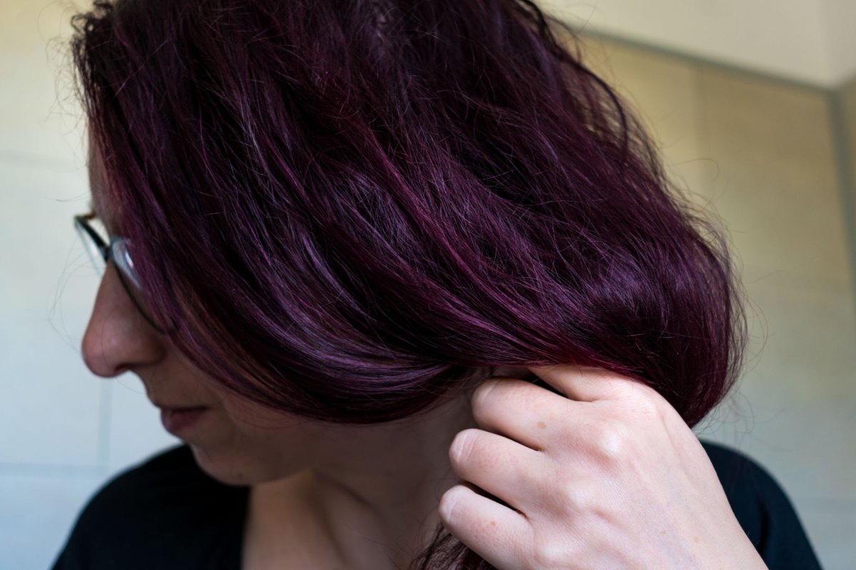 Side profile of dark plum and cherry cola hair in natural indoor lighting