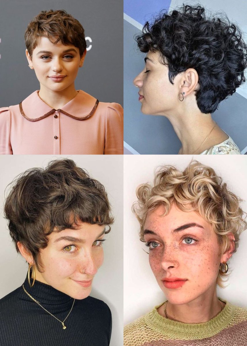 Grid of four stylish short wavy and curly micro pixie cuts from different angles