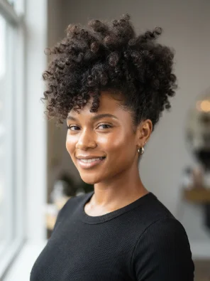 Young Black woman smiling with a high-volume tapered curly pixie cut