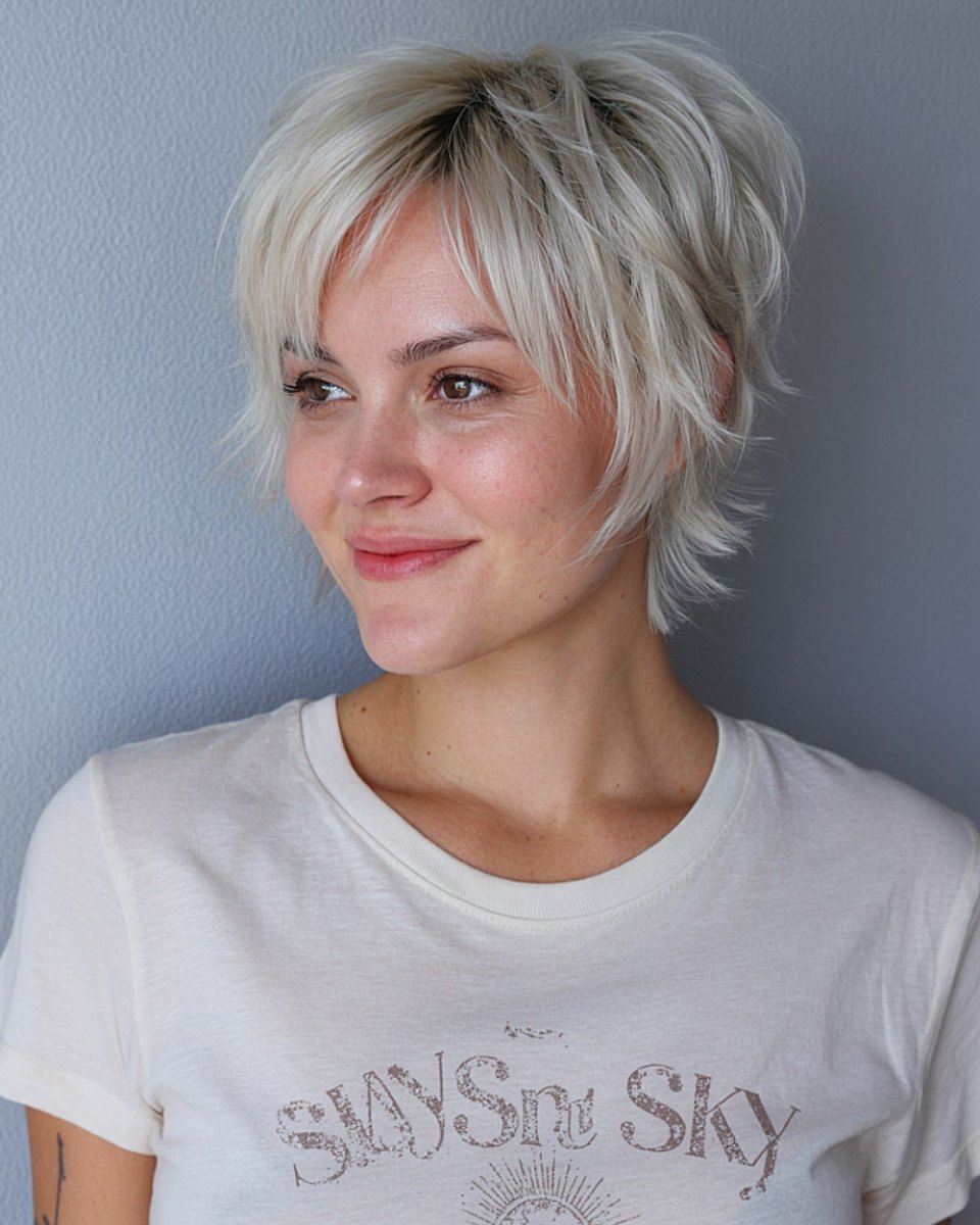 Messy platinum shaggy pixie mullet with face-framing layers