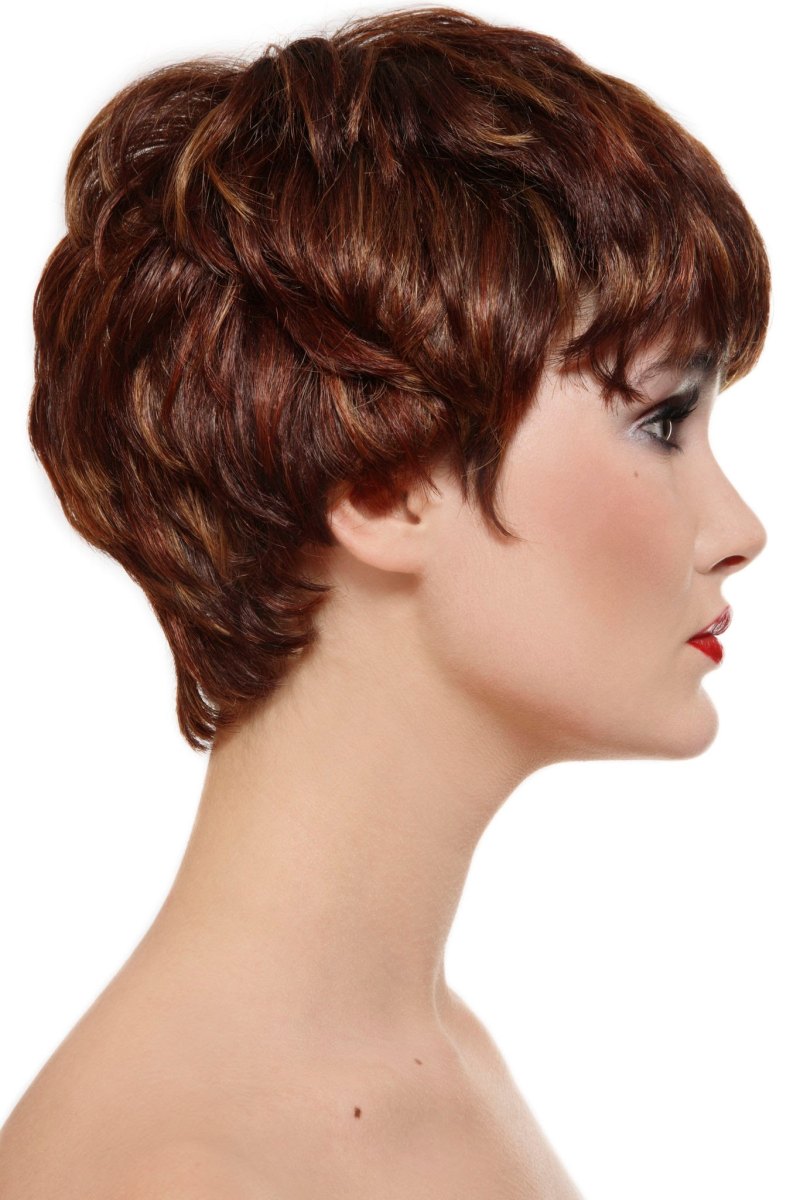 Short layered pixie cut in a dimensional reddish-brown cherry cola shade