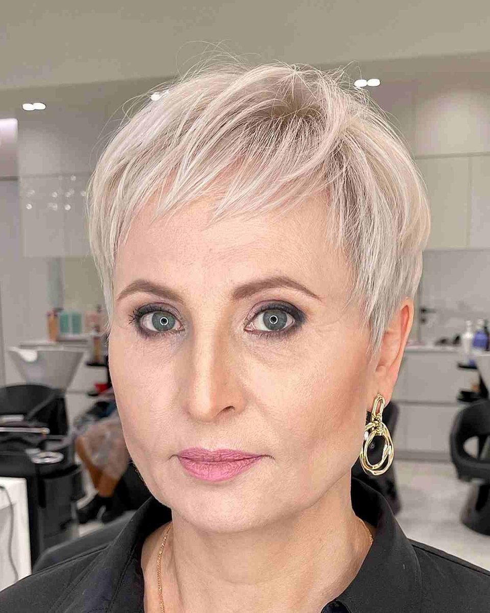 Sleek platinum blonde wispy pixie cut for fine thin hair over 50