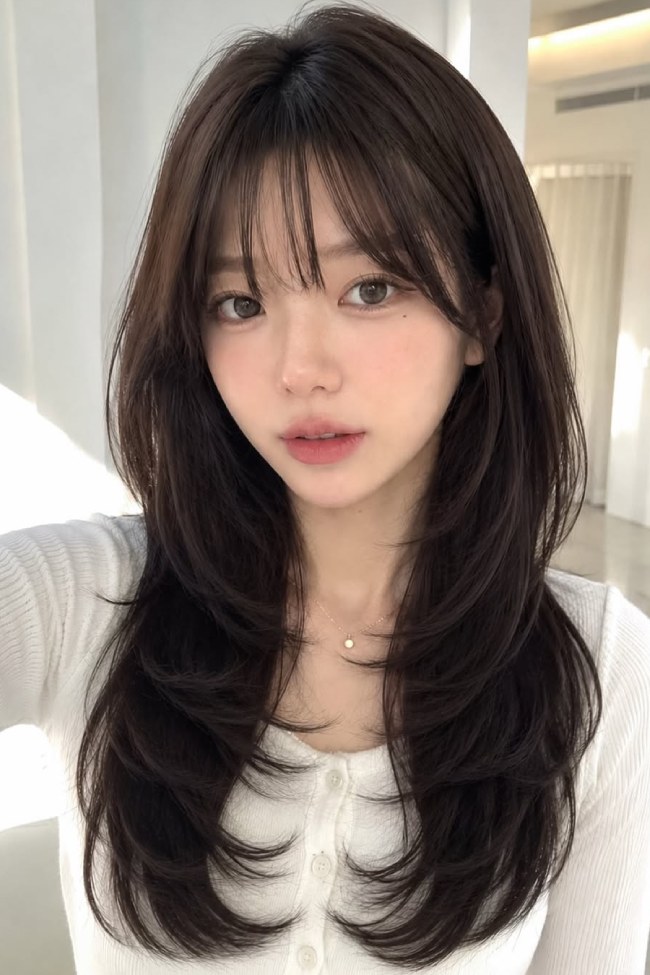 Long espresso mocha layered hair paired with delicate see-through Korean wispy bangs