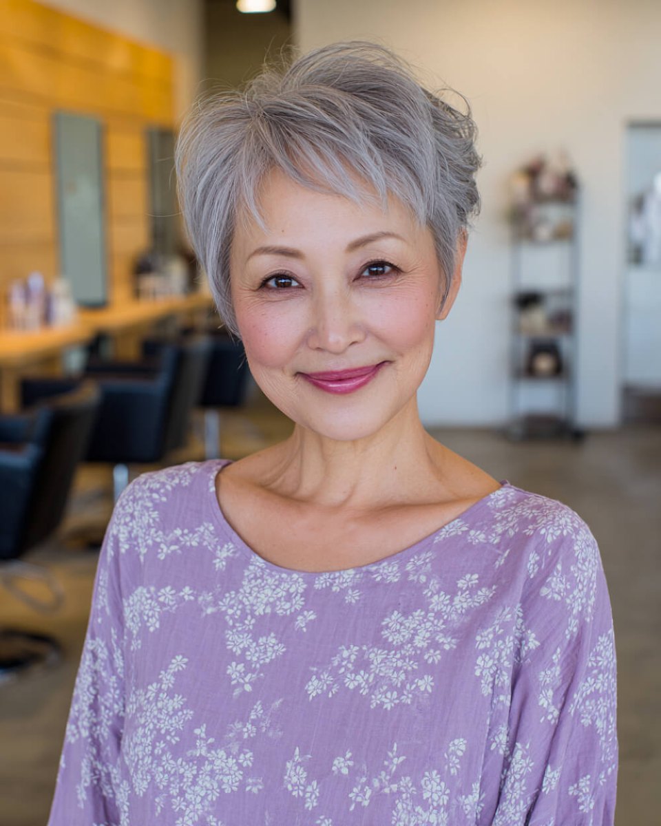 Feathered blonde pixie cut with side-swept bangs for fine hair