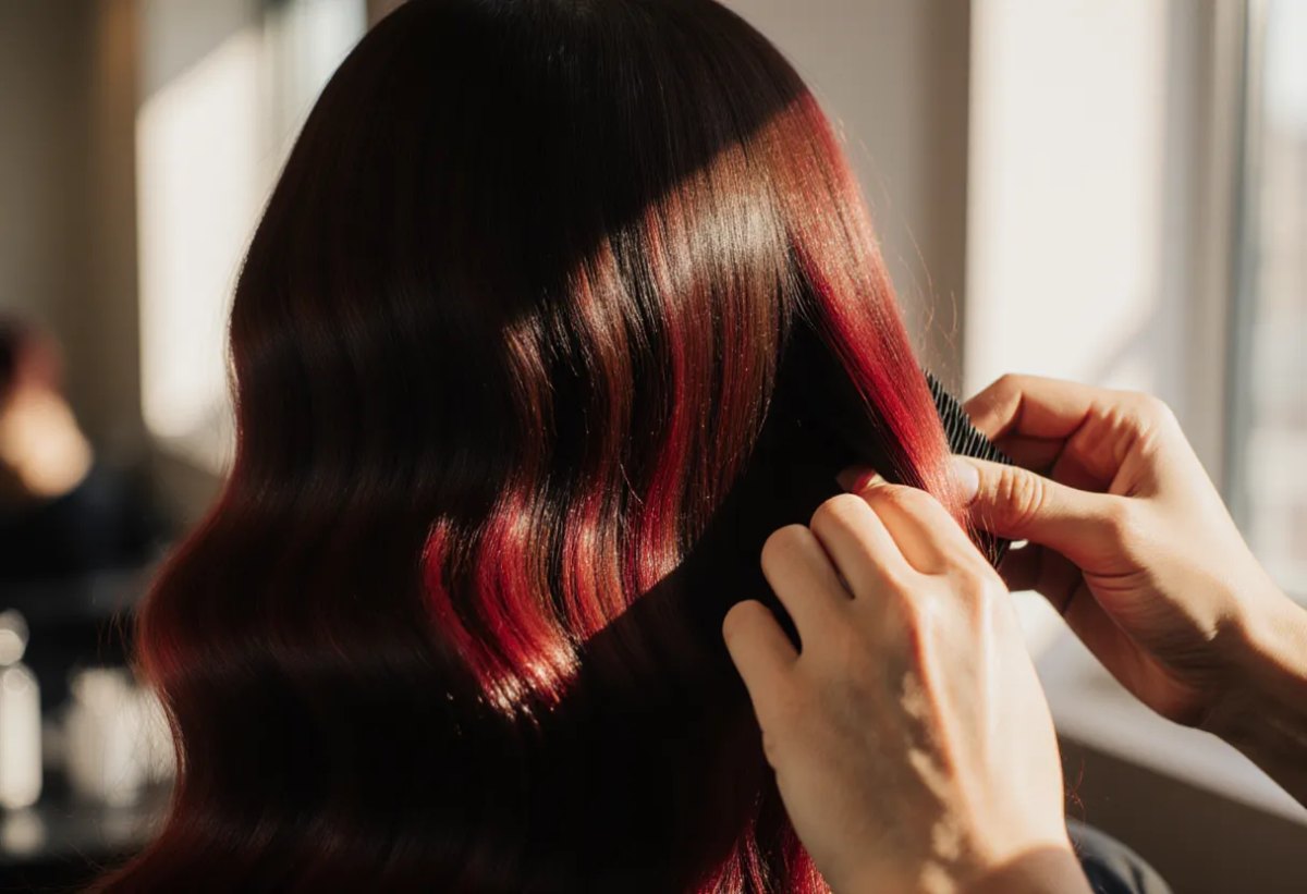 Close-up of dark cherry cola hair catching direct sunlight to reveal bright red undertones