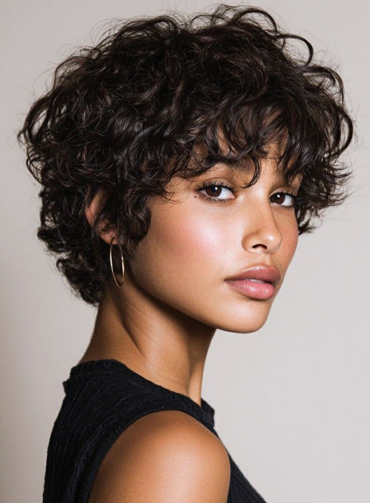 Woman in profile with a dark brunette curly bixie haircut
