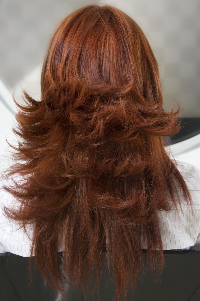 Back view of feathered butterfly cut layers in a warm auburn-cherry brown