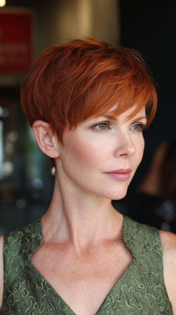 Lifted copper red pixie cut with soft side fringe on a woman over 50