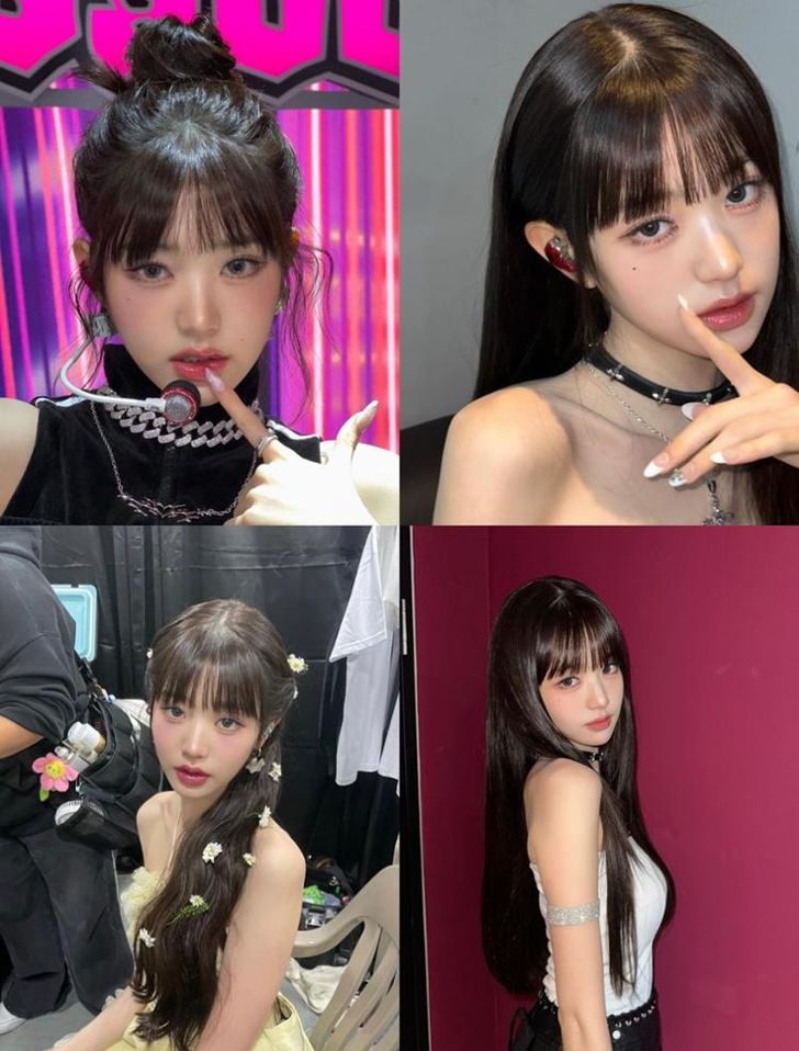 Collage of K-pop idol hairstyles featuring full yet airy Korean wispy bangs
