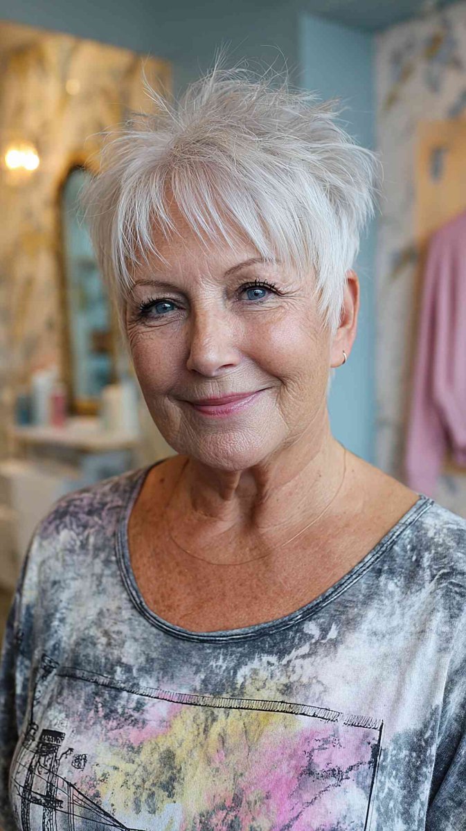 Spiky white blonde pixie cut on an older woman