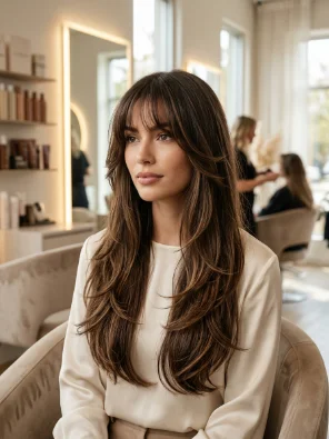 Long butterfly haircut with voluminous layers and soft Korean wispy bangs