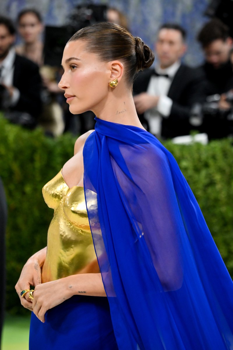 Hailey Bieber from the side showing her sleek Met Gala bun