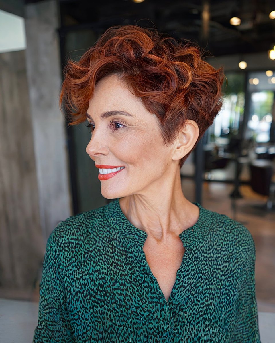 Wavy warm copper pixie cut with tapered sides on a woman over 50