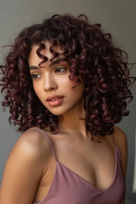Shoulder-length curly lob with dark cherry cola and burgundy ringlets