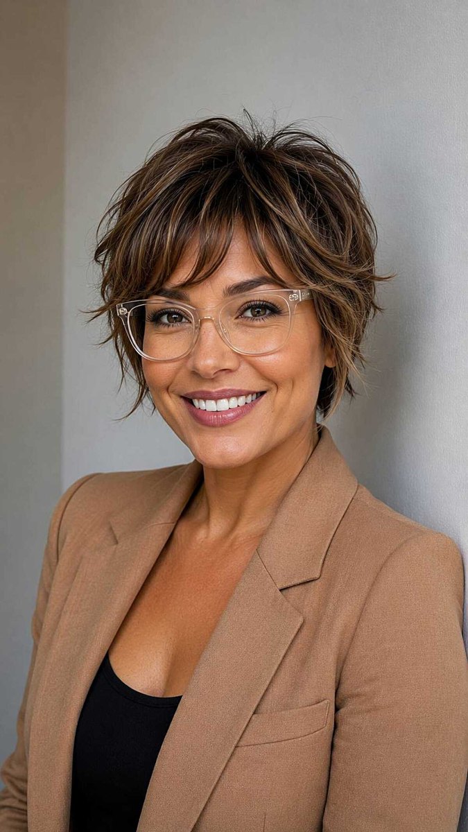Brunette shaggy pixie cut with wispy bangs on a woman over 50 wearing glasses
