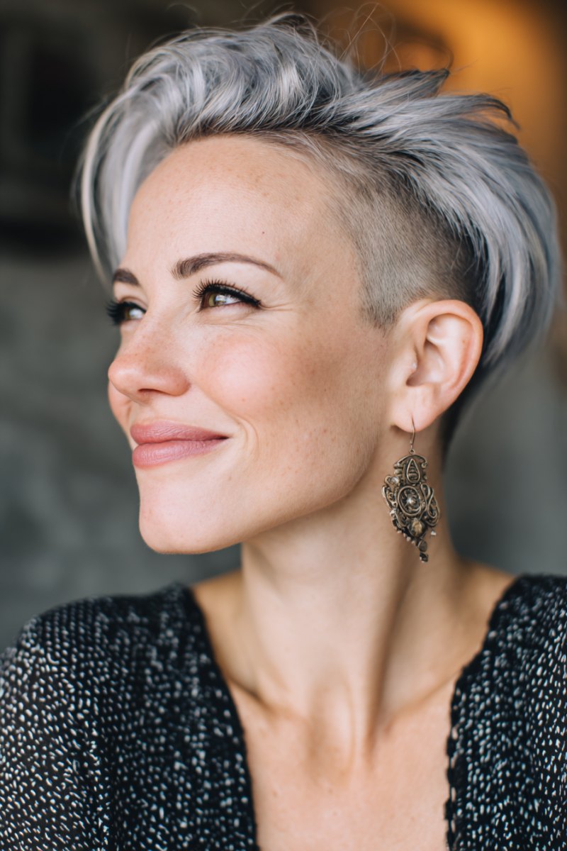 Asymmetrical silver pixie cut with undercut on a mature woman