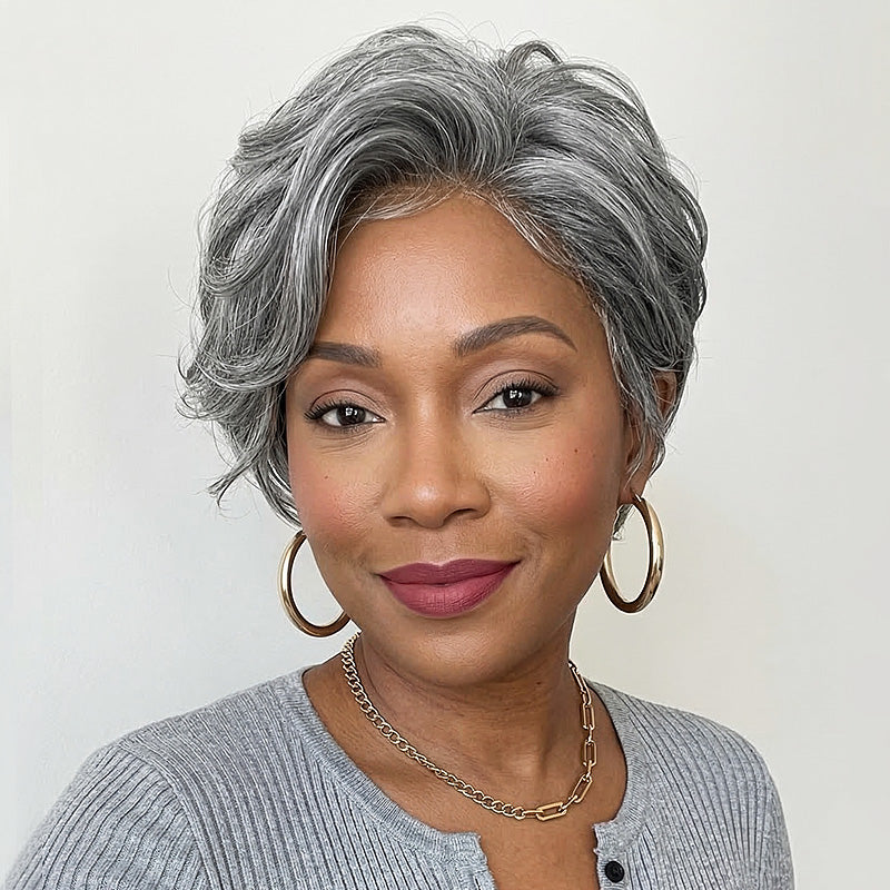 Salt and pepper wavy pixie cut on a woman over 50