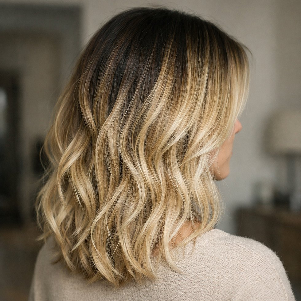 Medium wavy hair showing dark shadow root melting into honey blonde