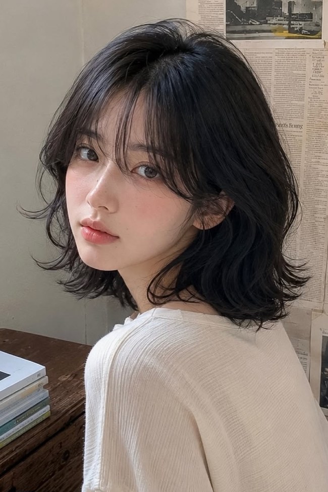 Short wavy Korean bob haircut with wispy bangs for fine hair