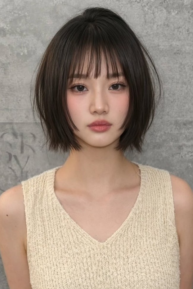 Espresso brown short bob with jaw-slimming side strands and Korean wispy bangs