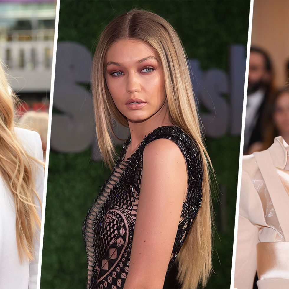 Gigi Hadid with sleek honey blonde hair