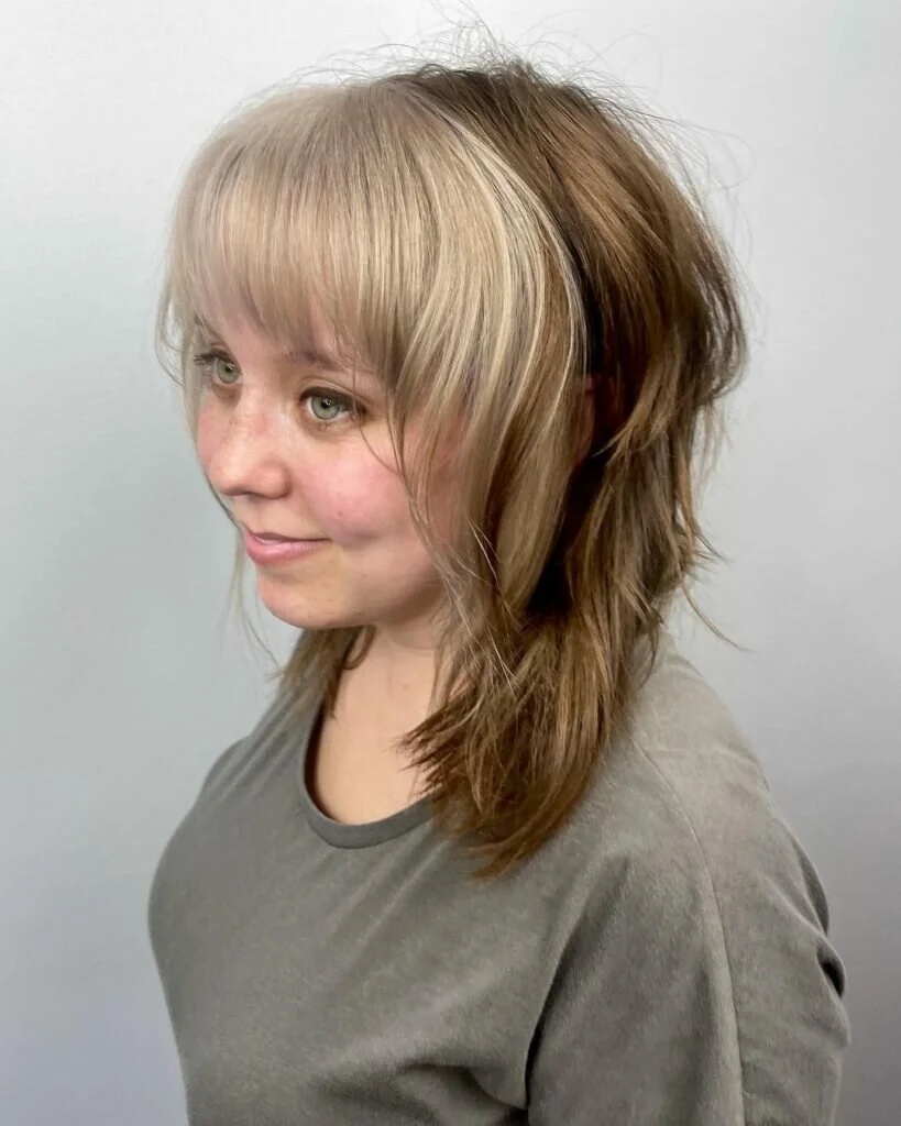 Brown Wolf Cut with Blonde Bangs